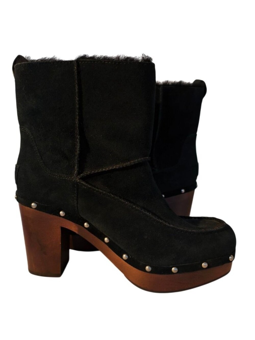 UGG Kouri Womens 10 Black Suede Boots Clog Studded Platform Shearling Preppy